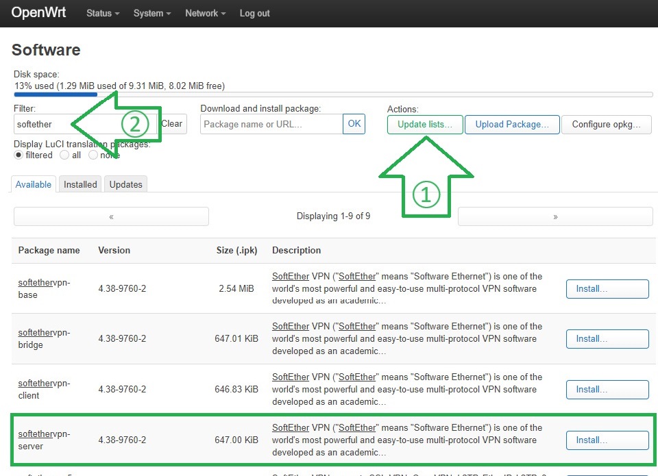 Update Lists...を開き、Filterでsoftetherと入力。serverをinstall...する