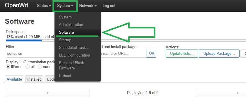 OpenWrtのLuCIからSoftwareを開く方法